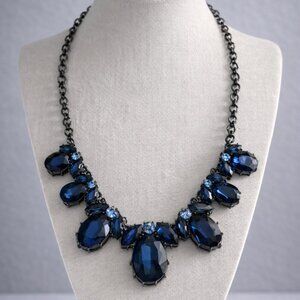 Gunmetal Blue Statement Necklace w/ Faceted Glass Gems
